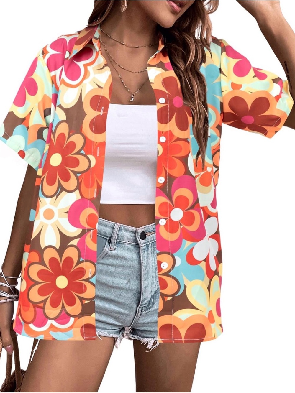 Amazon Retro Floral Button-Down Shirt in Orange, Pink, Brown & Blue